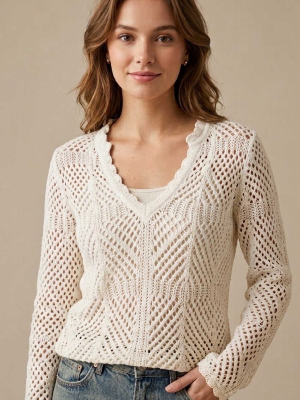 Open-Knit Scalloped V-Neck Sweater in Cream
